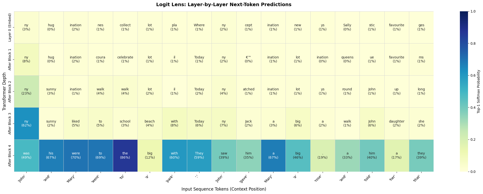 chart showing all predicted tokens after each block